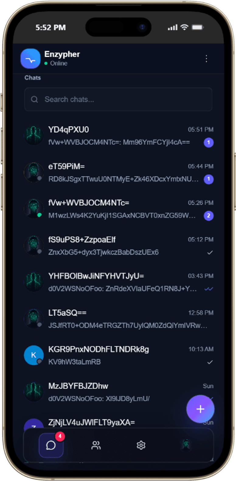 Encrypted Enzypher chat list on iPhone